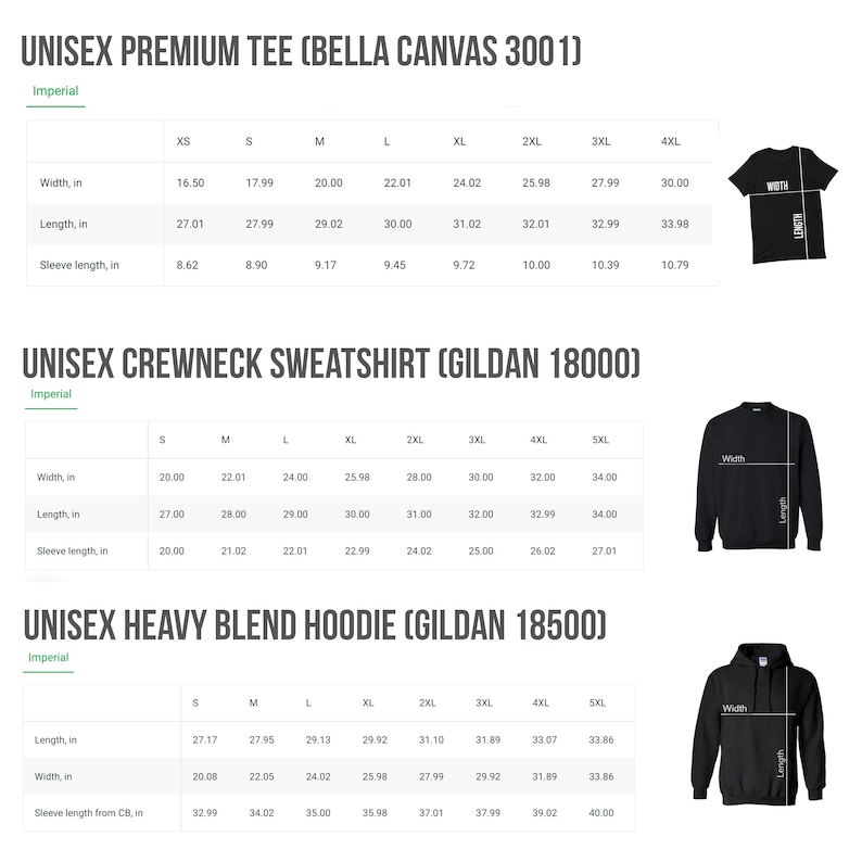 Pode incluir: Um gr&aacute;fico que mostra as medidas em polegadas para camisetas, moletons e moletons com capuz unissex. O gr&aacute;fico inclui medidas de largura, comprimento e comprimento da manga. O gr&aacute;fico est&aacute; etiquetado com os nomes das marcas Bella Canvas e Gildan.