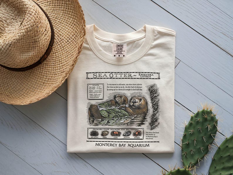 May include: Cream-colored t-shirt featuring a detailed illustration of a sea otter with the text "Sea Otter Enhydra Lutris." The graphic includes facts, primary food sources, and the Monterey Bay Aquarium logo. A straw hat is in the upper left corner.