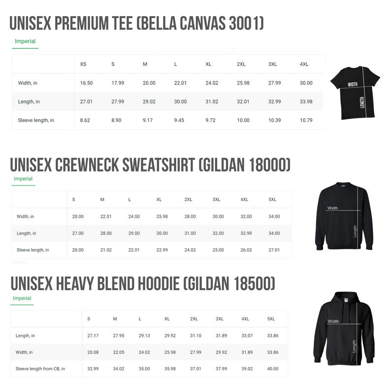 May include: A chart showing the measurements in inches for unisex t-shirts, sweatshirts, and hoodies. The chart includes measurements for width, length, and sleeve length. The chart is labeled with the brand names Bella Canvas and Gildan.