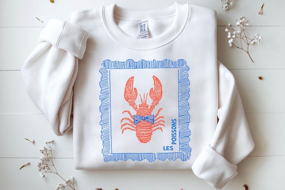 Lobster Sweatshirt, Nautical Shirt, French Coastal Shirt, Nautical Fisherman, Les Poissons Shirt, Lobster Lovers Club, Vintage Lobster Tee