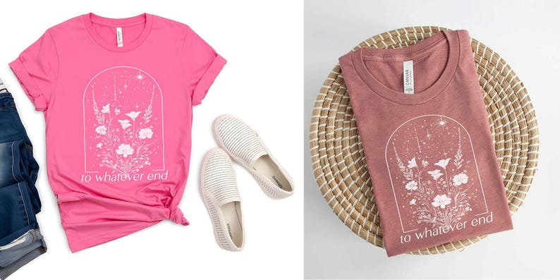 May include: Two t-shirts with a floral design and the text "to whatever end". The shirt on the left is pink and the shirt on the right is a dusty rose color.