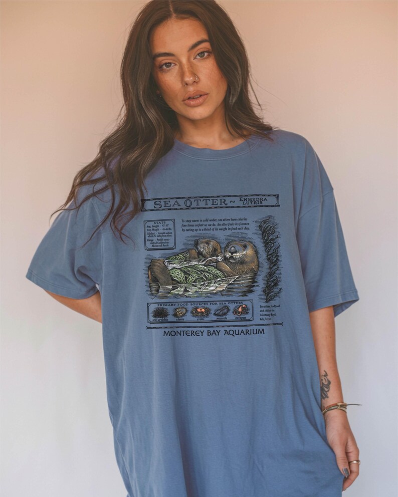 May include: A blue t-shirt featuring a detailed illustration of sea otters, with text that reads "SEA OTTER ~ ENHYDRA LUTRIS" and "Monterey Bay Aquarium." The graphic includes information about the otters and their diet.