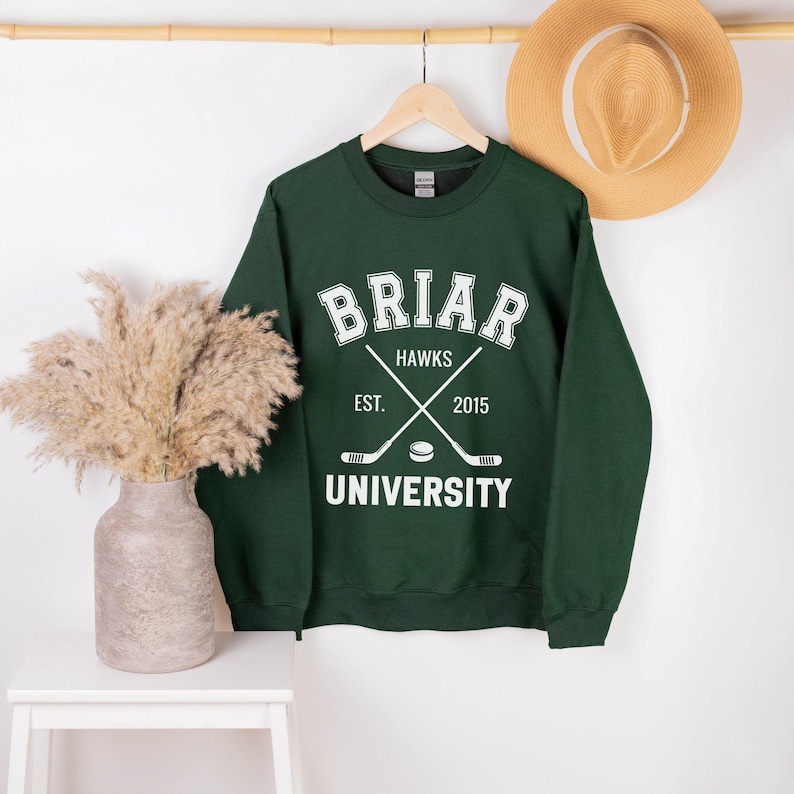 May include: A dark green sweatshirt with the text "Briar University Hawks" in white. The design includes crossed hockey sticks and a hockey puck. The sweatshirt is hanging on a wooden hanger.