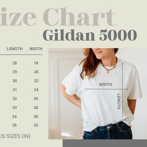 May include: Size chart for Gildan 5000 t-shirts. The chart shows measurements in inches for sizes S to 5XL. A person is wearing a light gray t-shirt. The text "Size Chart" and "Gildan 5000" are at the top of the image.