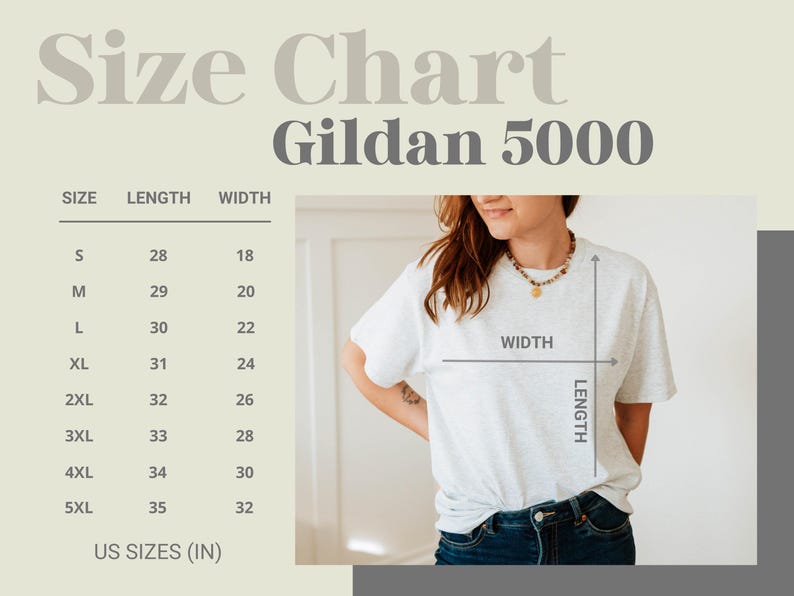 May include: Size chart for Gildan 5000 t-shirts. The chart shows measurements in inches for sizes S to 5XL. A person is wearing a light gray t-shirt. The text "Size Chart" and "Gildan 5000" are at the top of the image.