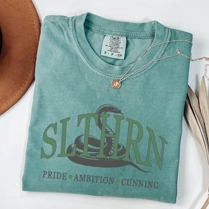 May include: A teal blue t-shirt with a green snake graphic and the text "SLYTHERN" in green letters. Below the graphic is the text "PRIDE AMBITION CUNNING" in black letters.