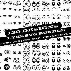 Könnte beinhalten: Eine digitale Sammlung von 130 schwarz-weißen Augenillustrationen mit verschiedenen Ausdrücken, Formen und Stilen. Das Grafikpaket enthält den Text 130 DESIGNS EYES SVG BUNDLE SVG | PNG | JPG | EPS | DXF - INSTANT DOWNLOAD.