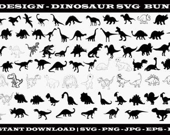 May include: A digital collection of 100 dinosaur designs featuring various species in black silhouettes and white line art styles. The graphic includes the text 100 DESIGN - DINOSAUR SVG BUNDLE at the top and INSTANT DOWNLOAD | SVG - PNG - JPG - EPS - DXF at the bottom.