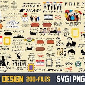 Puede incluir: Una colección de 70 diseños gráficos digitales con imágenes y citas icónicas de la serie de televisión Friends, que incluye ilustraciones del sofá naranja, el marco de fotos amarillo, el logotipo de Central Perk y textos como Pivot y Unagi.
