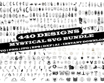 May include: A collection of 440 mystical SVG designs in black and white. The image includes various illustrations of moons, stars, hands, eyes, and other celestial and spiritual symbols. Text on the image reads "440 DESIGNS MYSTICAL SVG BUNDLE".