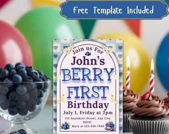 Berry First Birthday Editable Canva Template 1st Birthday Invitation Boy Instant Download Party Invite