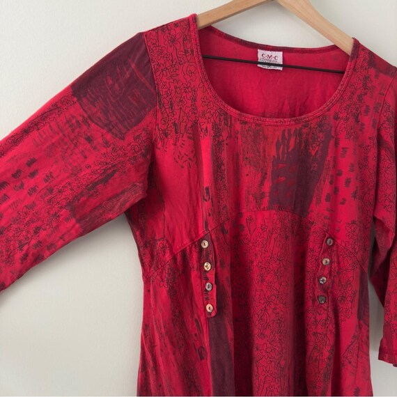 Vintage patchwork style button front Red babydoll… - image 9