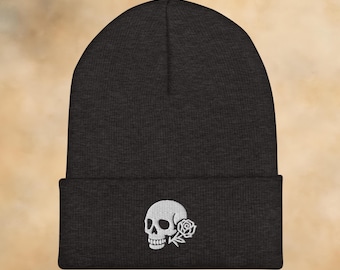 Skull and Rose Embroidered Beanie: Gothic Streetwear Winter Hat