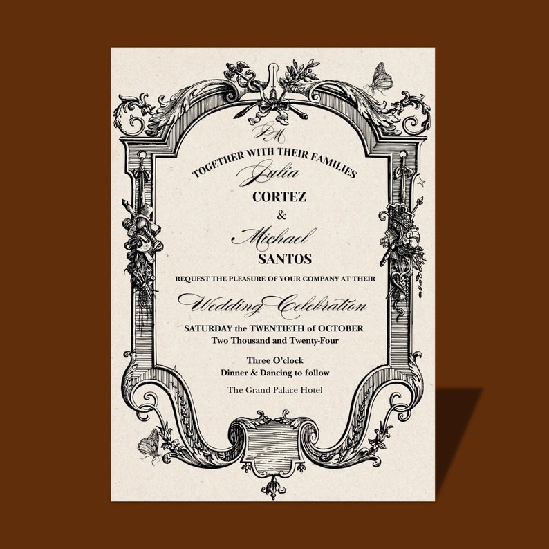Elegant Old World Style Wedding Invitation, Vintage Inspired, Hand ...