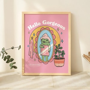 Impression murale girly grenouille amour de soi, magnifique citation positivité bonjour, affiches rétro roses, affiches de salle de bain an 2000, décoration de dortoir