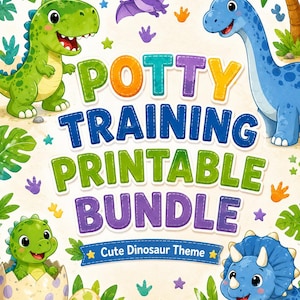 May include: A digital graphic featuring the text POTTY TRAINING PRINTABLE BUNDLE and Cute Dinosaur Theme. The design includes illustrations of a green T-Rex, a blue long-neck dinosaur, a purple pterodactyl, a green dinosaur in an egg, and a blue triceratops.