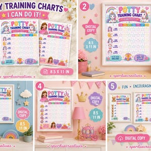 Può includere: Una collezione di tabelle stampabili per l'allenamento al vasino con illustrazioni colorate di unicorni, orsacchiotti e principesse. Ogni tabella include una griglia di monitoraggio, il testo Potty Training Chart I Can Do It e misura 21,59 per 27,94 cm.