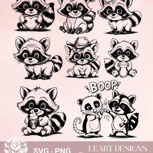 Süße Waschbären SVG, PNG Bundle–Niedliche Raccoon Cliparts für DIY, Sublimation, Druck–Silhouette, Cricut, für Bastler