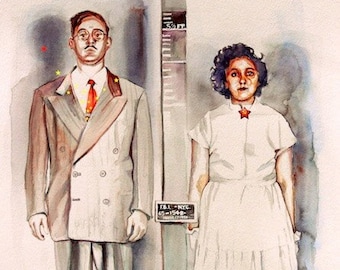 Ethel and Julius Rosenberg, Watercolor, historical art painting, custom portrait, portrait illustration, mug shots, quality giclee print