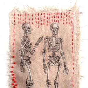 Recycled teabag art, Print from original Ink drawing on teabag, anatomical skeleton, sustainable art, embroidery image 2