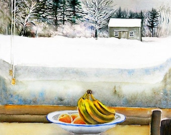 Maine, watercolor landscape, Snowy Winter, Still Life With Bananas, Giclee Print from original painting, winter landscape,  Maine in snow