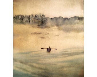 Landscape Art, Seascape, archival print from original watercolor painting, My Maine On A Foggy Day, Rowboat Alone at sea