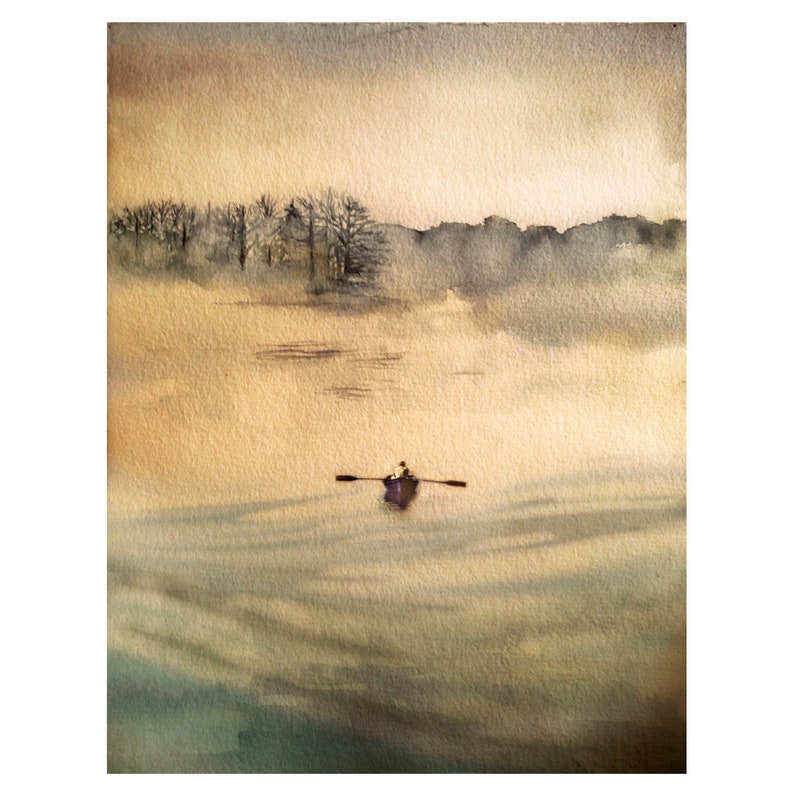 Watercolor seascape painting, Archival Print from original painting, Maine, Rowboat Alone at sea, serene moody landscape, coastal art image 1