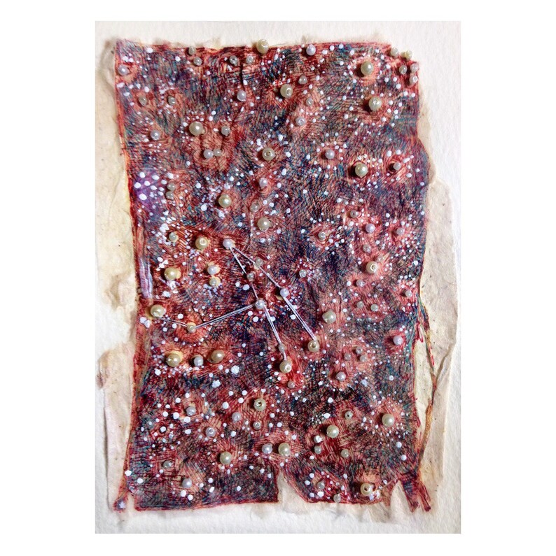 pearls teabag art Andromeda original art small original art ink drawing recycled teabag recycled art embroidery
