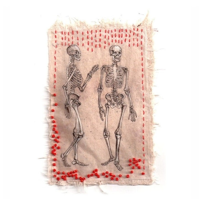 Recycled teabag art, Print from original Ink drawing on teabag, anatomical skeleton, sustainable art, embroidery image 1