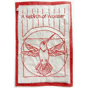 May include: A white card with red embroidery depicting a hummingbird in flight. The card has the text "A Rebirth of Wonder" at the top.