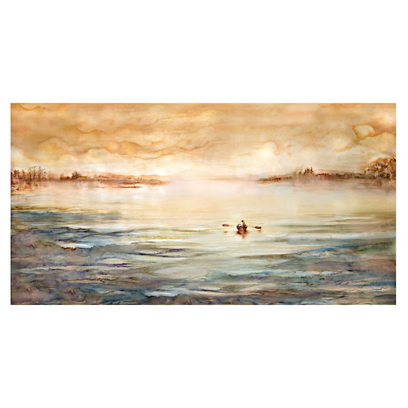 Watercolor seascape painting, Archival Print from original painting, Maine, Rowboat Alone at sea, serene moody landscape, coastal art image 3