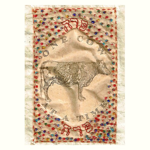 One Cow at a Time, teabag shops art, embroidery, original art, beaded, Hebrew saying 
