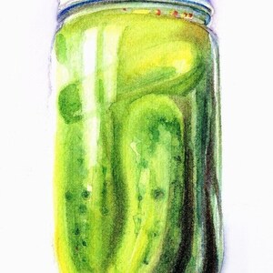 Pickles Watercolor Painting, kitchen art, Food painting, Kitchen Decor, Green Pickled Cucumbers painting, housewarming gift, cooking art image 2