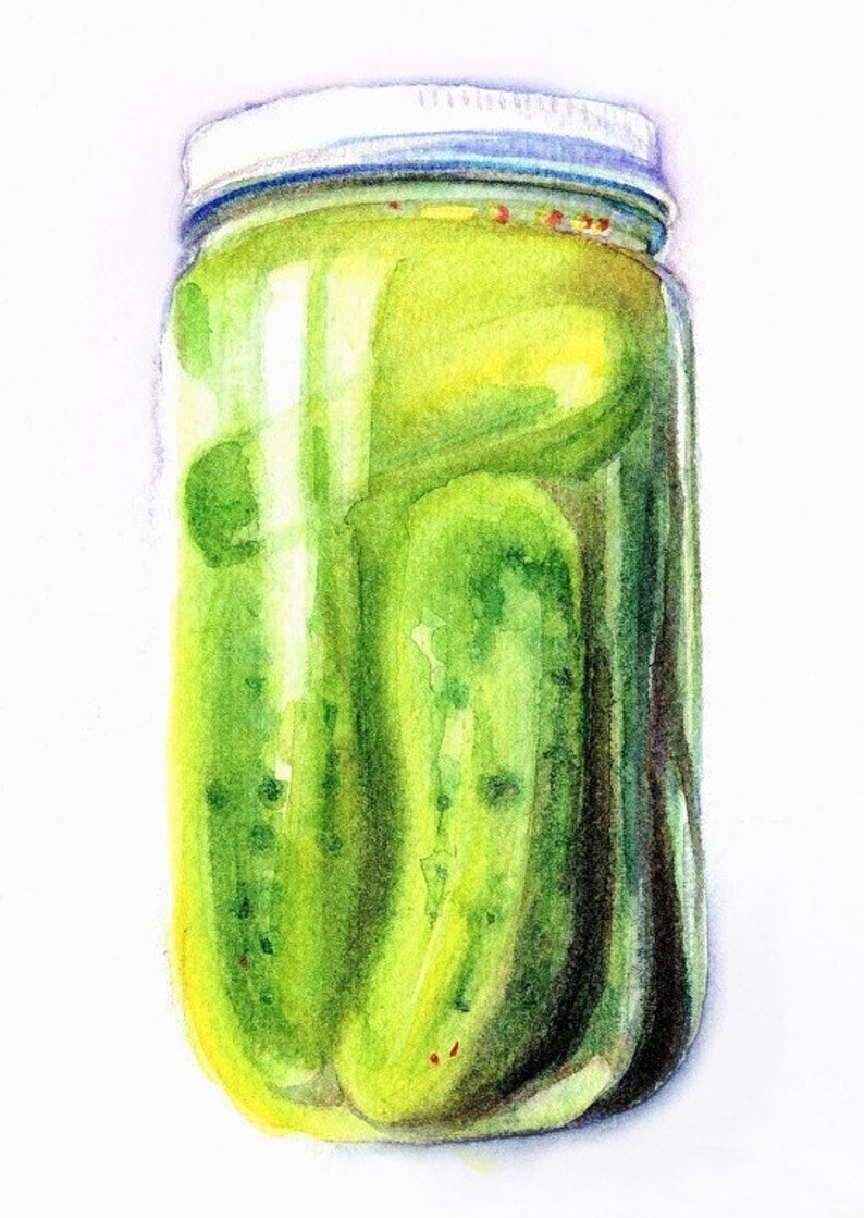 Pickles Watercolor Painting, kitchen art, Food painting, Kitchen Decor, Green Pickled Cucumbers painting, housewarming gift, cooking art image 2