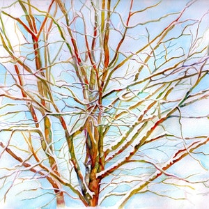 Maine Winter Trees print from original, watercolor art, nature painting, watercolor landscape, Maine, snowy, holiday season cards
