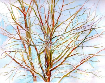 Maine Winter Trees print from original, watercolor art, nature painting, watercolor landscape, Maine, snowy, holiday season cards