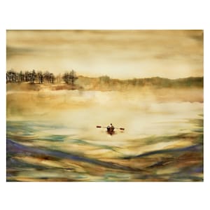 Watercolor seascape painting, Archival Print from original painting, Maine, Rowboat Alone at sea, serene moody landscape, coastal art image 4