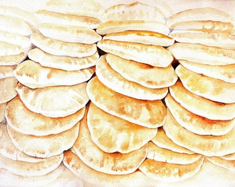 Kitchen Art Watercolor Painting, "Pile of Pita Bread" Food Decor, kitchen ART, watercolor, food art, food painting,