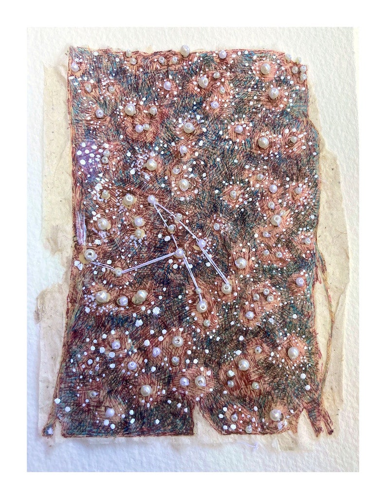 pearls teabag art Andromeda original art small original art ink drawing recycled teabag recycled art embroidery