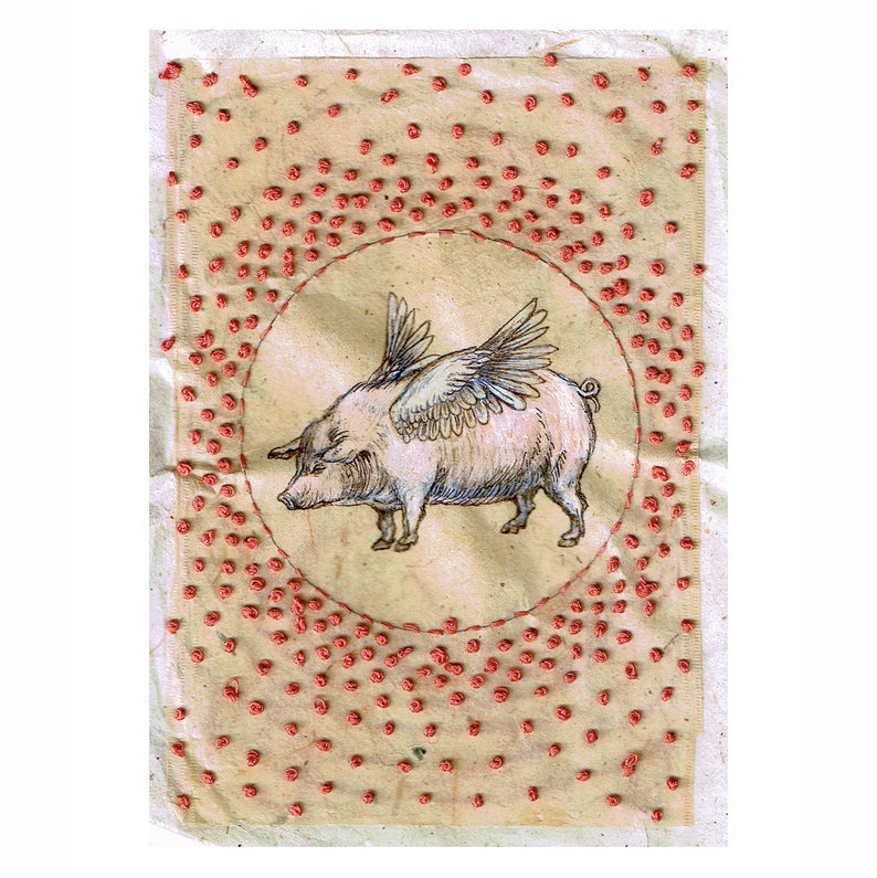 pearls teabag art Andromeda original art small original art ink drawing recycled teabag recycled art embroidery