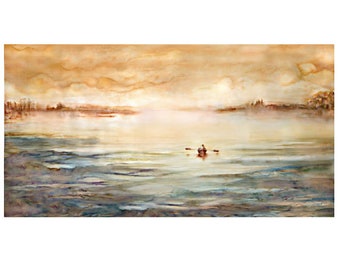 Watercolor seascape painting, Maine, archival print from original art, serenity, alone, wide, 11 X 22 inch, Alone at sea, serene moody