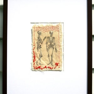 Recycled teabag art, Print from original Ink drawing on teabag, anatomical skeleton, sustainable art, embroidery image 3
