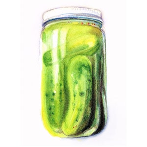 Pickles Watercolor Painting, kitchen art, Food painting, Kitchen Decor, Green Pickled Cucumbers painting, housewarming gift, cooking art image 1