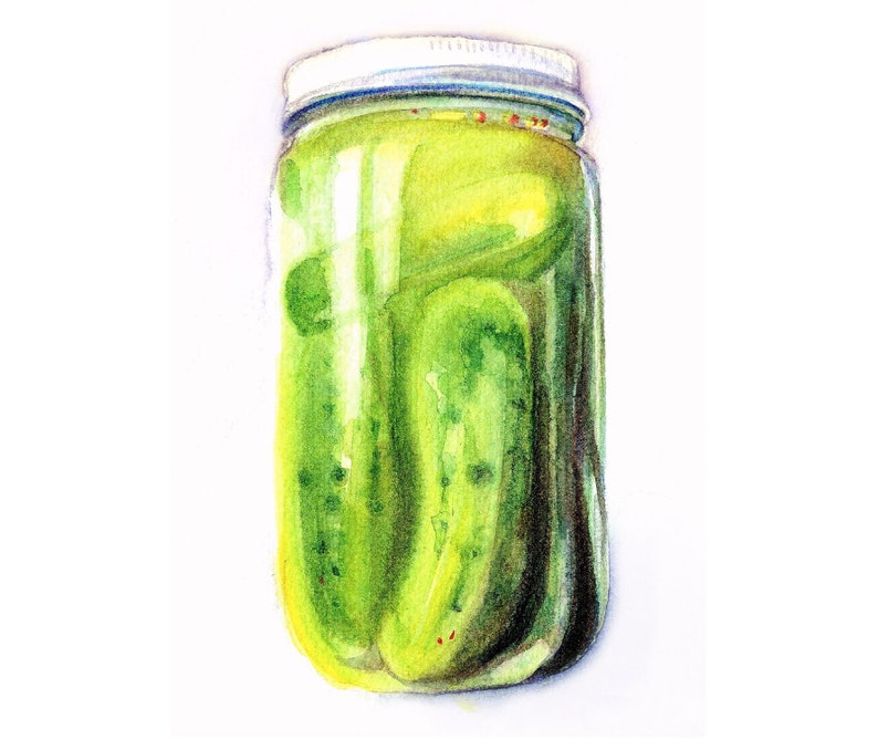 Pickles Watercolor Painting, kitchen art, Food painting, Kitchen Decor, Green Pickled Cucumbers painting, housewarming gift, cooking art image 1
