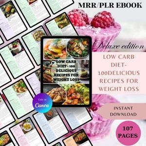 Può includere: Una copertina di ebook digitale che promuove una dieta a basso contenuto di carboidrati con 100 ricette per la perdita di peso. La copertina mostra immagini di pasti a basso contenuto di carboidrati e il testo "Deluxe edition". L'ebook è disponibile per il download immediato e contiene 107 pagine.