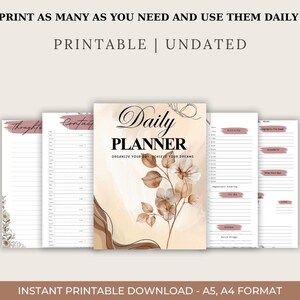 Può includere: Un planner giornaliero stampabile con un design floreale. Il planner include sezioni per pensieri, contatti, attività e altro ancora. Il testo "Daily Planner" è scritto in un carattere decorativo. Il planner è disponibile nei formati A5 e A4.