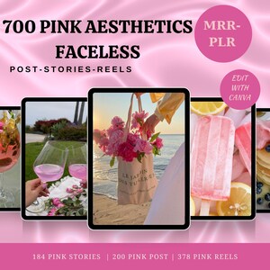 Può includere: Annuncio di un prodotto digitale con il testo "700 PINK AESTHETICS FACELESS POST-STORIES-REELS". L'immagine presenta diversi schermi di tablet che mostrano contenuti a tema rosa, tra cui fiori, bevande e dessert. Il prodotto include 184 storie rosa, 200 post rosa e 378 reel rosa.