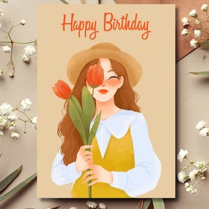 Digital Birthday Card for Her, Girl Holding Flowers Design, Downloadable Greeting, Cute Floral E-Card Aesthetic design