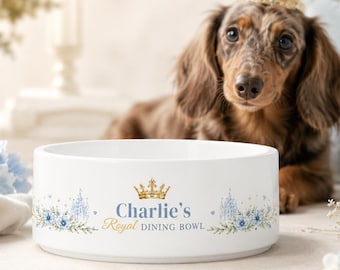 Ciotola personalizzata per cani con nome, ciotola in ceramica personalizzata per animali domestici, ciotola da pranzo floreale in stile regale, ciotola per cibo e acqua per cuccioli rosa e blu, regalo per bassotti, per amanti dei cani