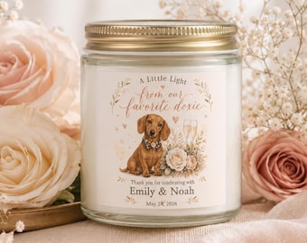 Candela personalizzata con bassotto, candela personalizzata per bomboniera di matrimonio, regalo di ringraziamento per bassotto, candela commemorativa o di compleanno per cani, regalo personalizzato con nomi e data.